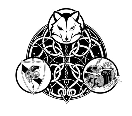 Drei Vignetten schwarz-weiß, im Kreis angeordnet mit keltisch anmutenden Verzierungen als Unterngrund: Ein Wolf mit Augenkklappe, ein Schild mit Drache, ein altes Buch mit Tintenfass udn Federkiel