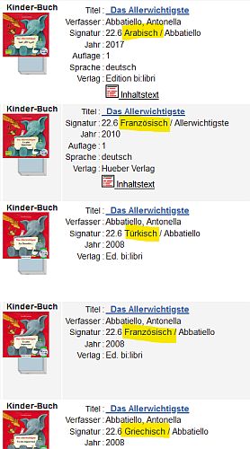Trefferlsite Katalog Stadtbibliothek Köln. Links immer das Cover des Buches, daneben eEinträge, in welchen Sprachkombinationen das Buch vorliegt.