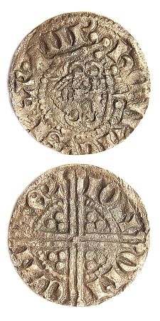 Mittelalterliche Münze mit Königskopf auf der einen und Kreuz auf der anderen Seite - zwei Abblidungen.Zu Drachenbannner von Rebecca Gablé