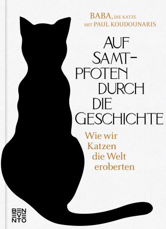 Cover von Auf Samtpfoten durch die Geschichte mit Titel udn Autorenangabe sowie einer schwarzen Katze von hinten, sitilisiert, auf weißem Grund.
