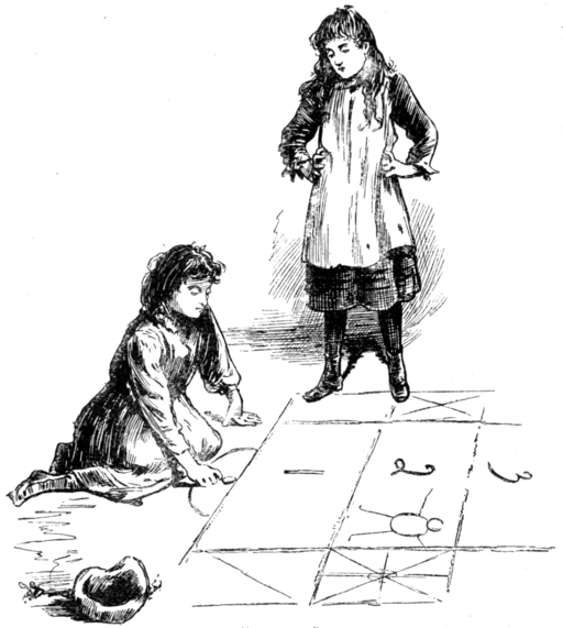s/w-zeichnung zwei Mädchen eins steht,und guckt dem andern zu, das Hüpfekästchen zeichnet.